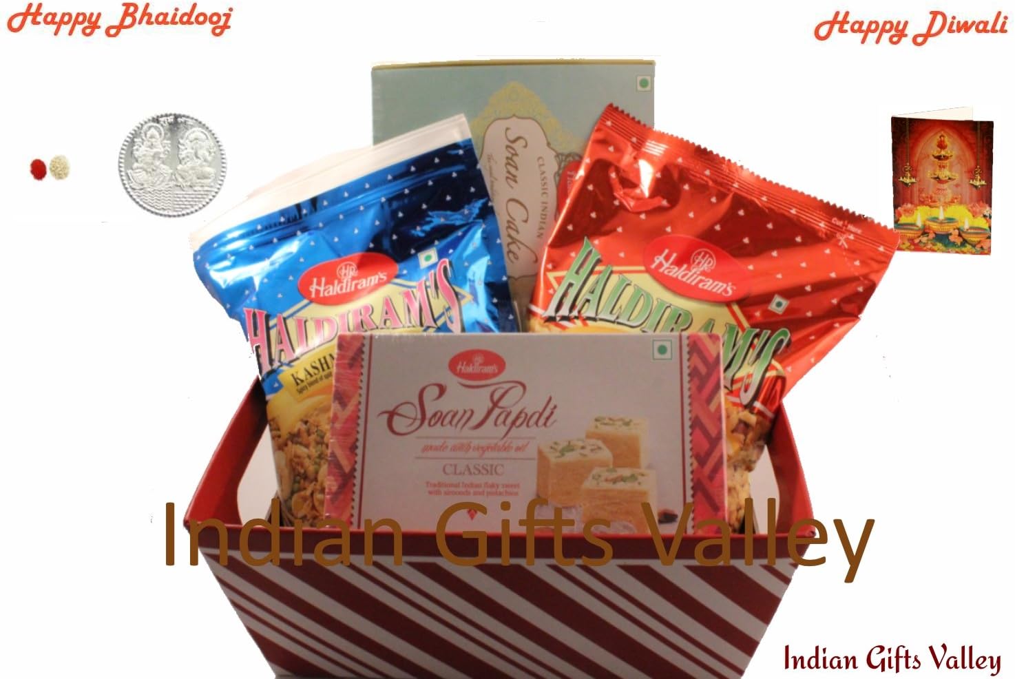 Diwali Gift / Bhaidooj Gift Basket - Kaju Katli, Ghugra, Chevdo, Masala Kaju, Chocolate, Thali, Diya in a Beautiful Basket