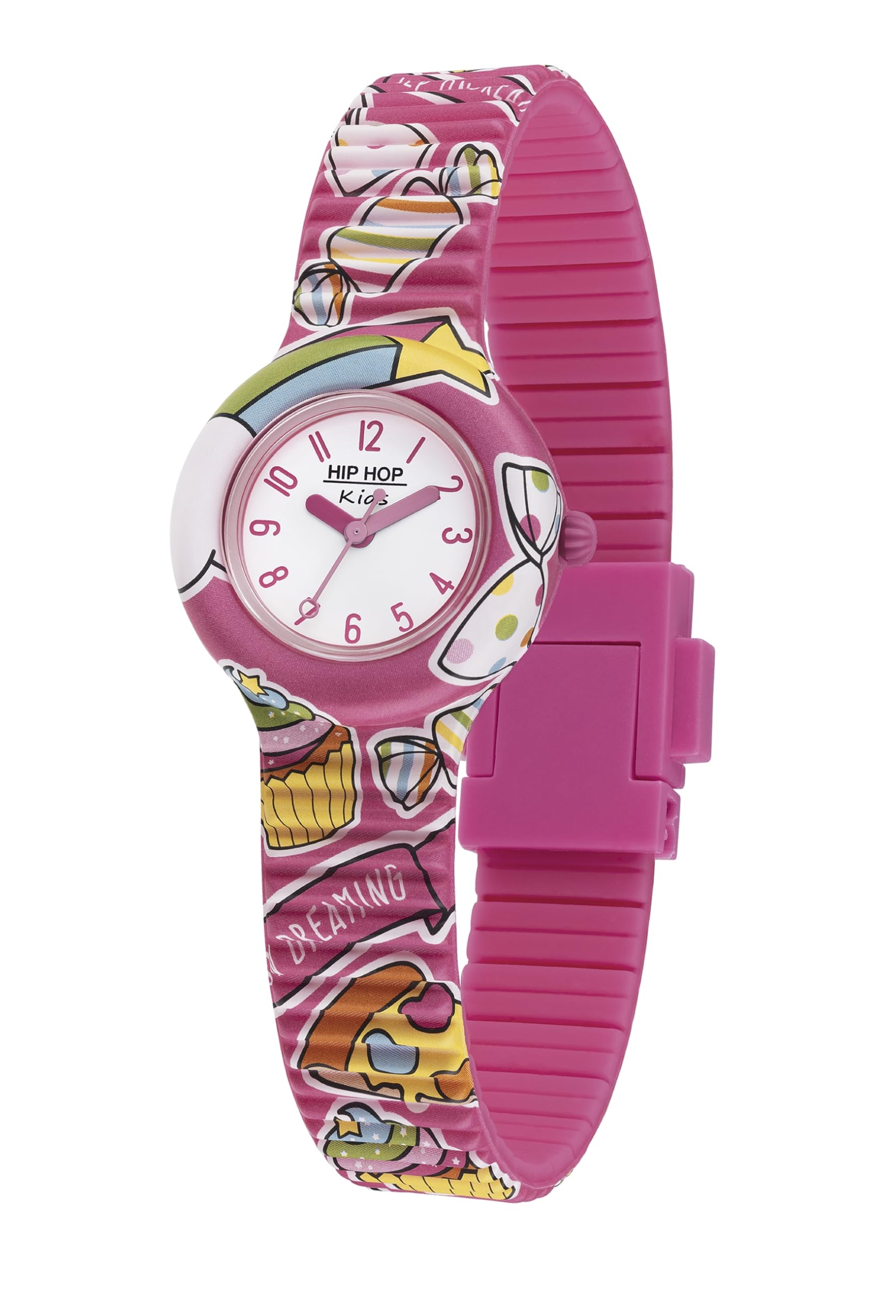 Hip Hop Kids Fun Sweets Girls Watch, Time-Only Watch for Girls in Pink with Pastel-Coloured Sweets and Candies and Soft Silicone Wristband, Water Resistant, HWU0993