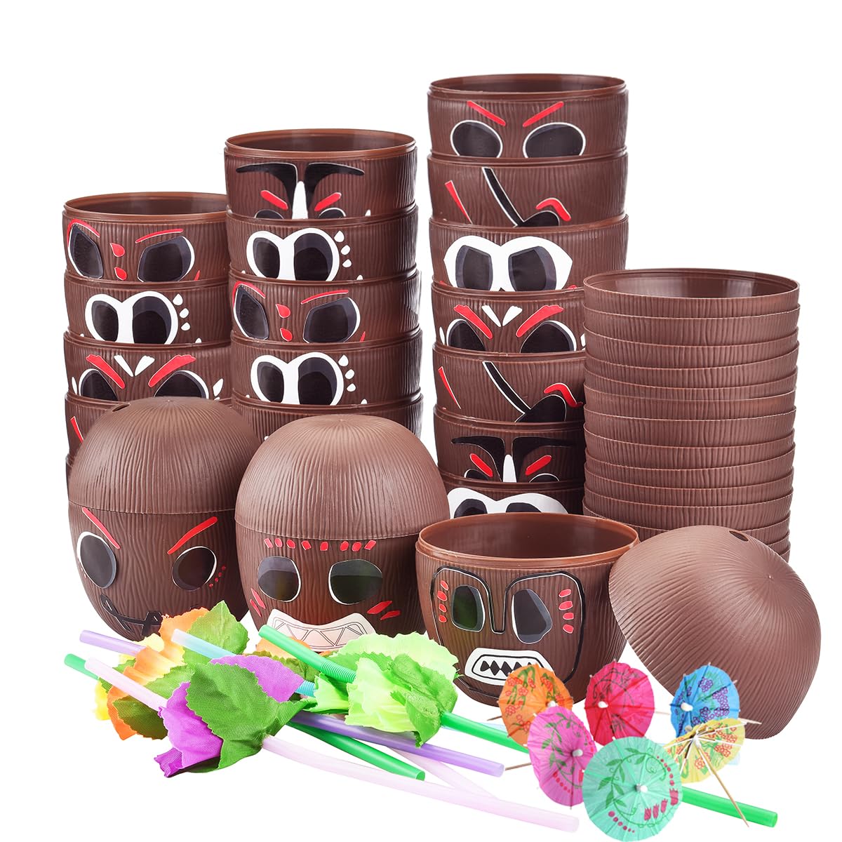 Photo 1 of 24 Pack Coconut Cups with 24 Straws 24 Cocktail Drink Picks and 24 stickers, DIY Tropical Hawaiian Luau Tiki and Beach Party Decorations for Kids and Adults