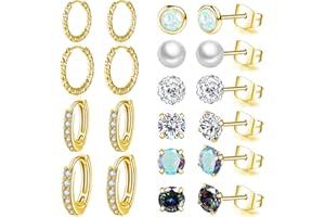 NUNPAG 10 Pairs Stainless Steel Stud Earrings Colorful CZ Flower Stud Earrings 20G Stud Earings 10mm 12mm Hoop Earrings Cartilage Earrings For Women Men