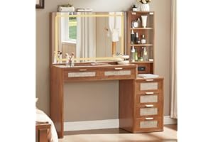 LEYAOYAO Rattan Vanity Desk with Mirror and Lights, 43.5'' Boho Makeup Vanity with 6 Drawers and Adjustable Shelves, Brown Make Up Vanity Dressing Table with Glass Top and Power Outlet for Bedroom