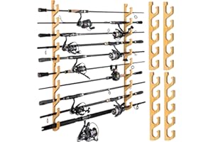 PLUSINNO WH5 Horizontal Fishing Rod/Pole Holders for Garage, Wall or Ceiling Mounted Rack, Solid Wood Fishing Rod Holder Holds up to 5/10/20 Rods or Combos Fishing Gear, Gifts for Men