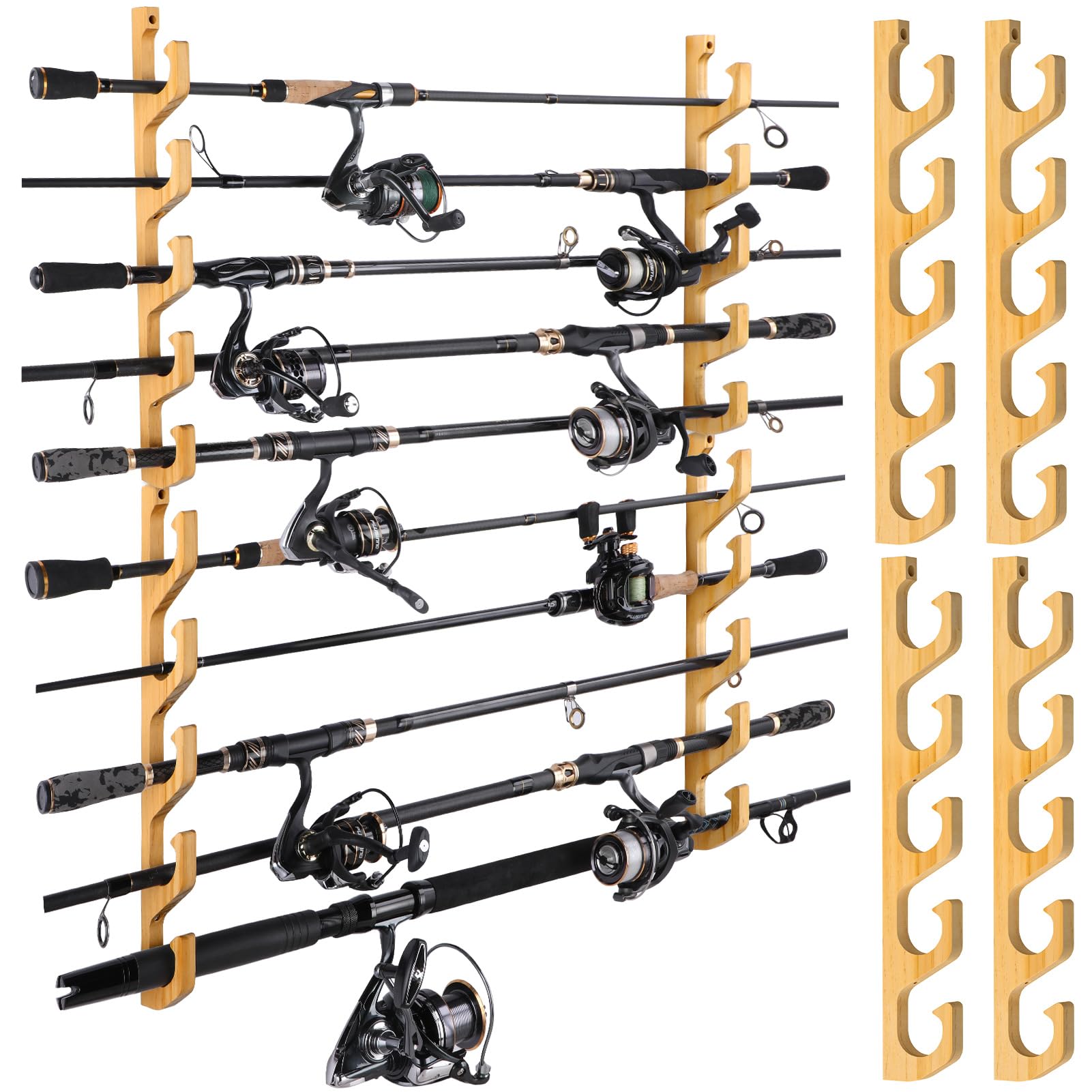 Photo 1 of PLUSINNO WH5 Horizontal Fishing Rod/Pole Holders for Garage, Wall or Ceiling Mounted Fishing Rod Rack, Solid Wood Fishing rod Holder Holds up to 5 Rod or Combos or Nets Storage Racks