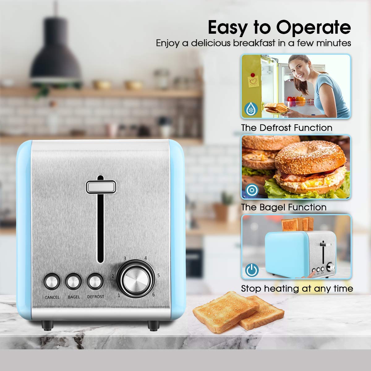 MKG 2 Slice Toaster, Stainless Steel Bagel Toaster with Extra Wide Slots, 6 Shade Settings, Bagel/Defrost/Cancel Function, Removable Crumb Tray, High Lift Lever, Blue