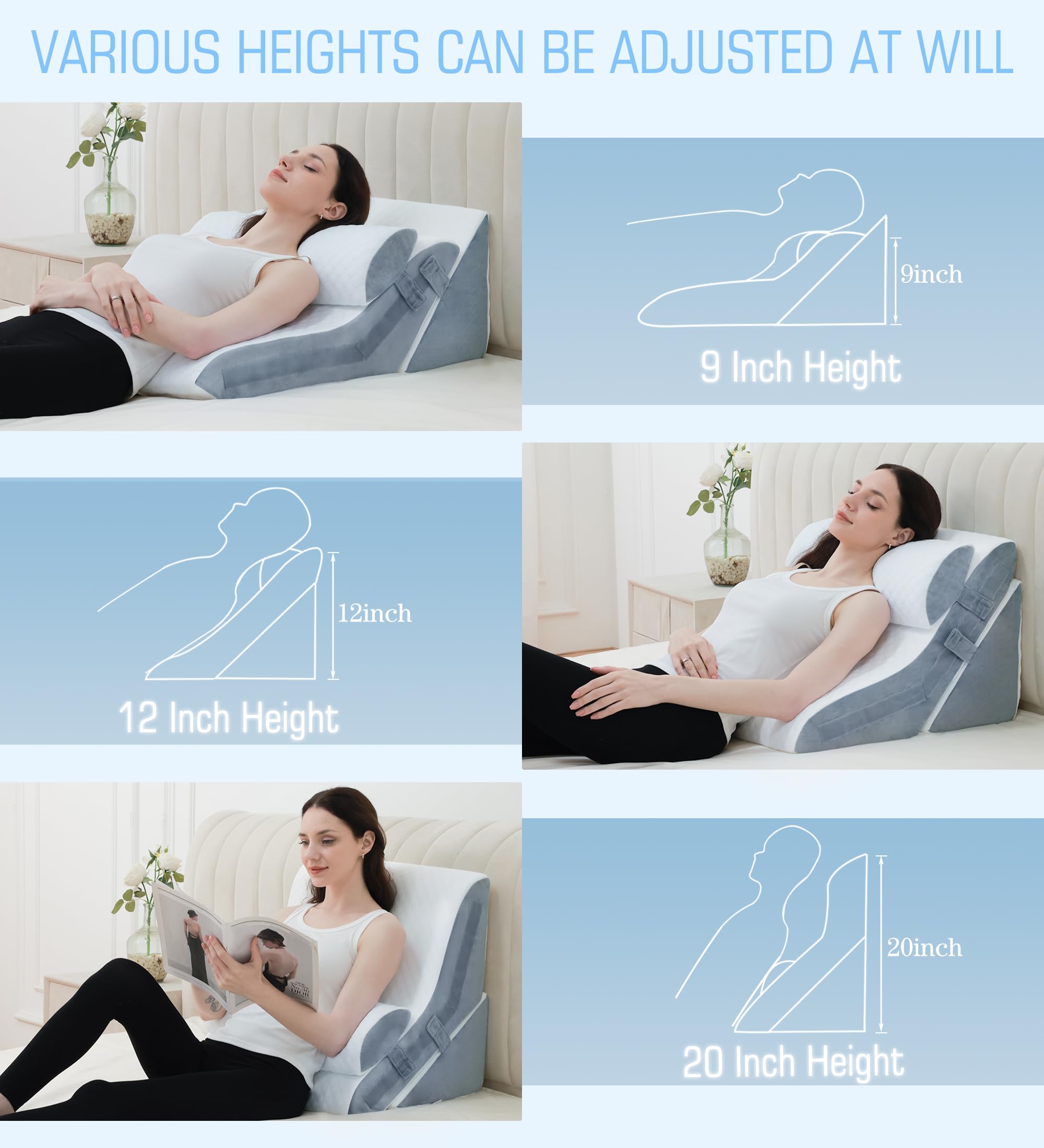 3PCS Bed Wedge Pillow for Sleeping, 20-in-1 Adjustable Memory Foam Pillow Wedge for Back Leg Pain Relief, 23