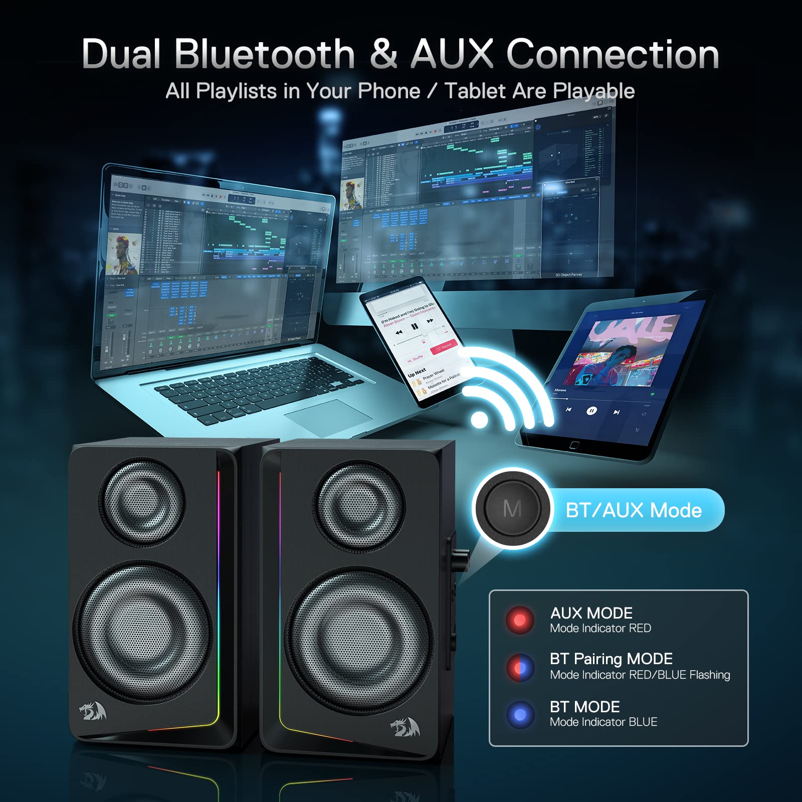 Redragon GS812 Wireless RGB Wooden Desktop Speakers, 2.0 Bookshelf Speaker w/BT 5.0/3.5mm AUX, Enhanced Bass/Volume Knob Control, Mic/Audio Jacks & Dynamic RGB Lighting