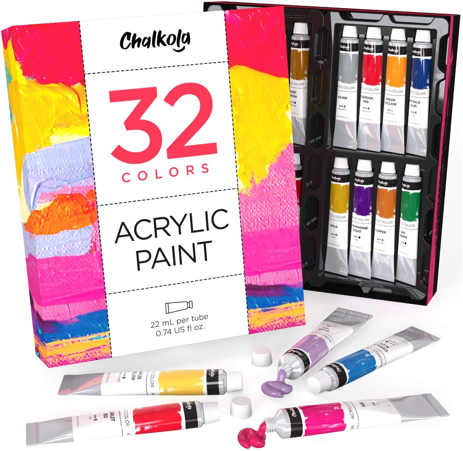Acrylic Paint Set (32 Colors, 22 ml Tubes, 0.74 oz.) for Canvas, Crafts, Wood Painting - Rich Pigment, Non Fading, Vibrant Non Toxic Paints for Kids, Adults, Beginner & Professional Artists