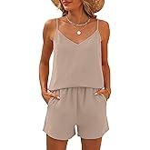 Caracilia Womens 2 Piece Lounge Sets Summer Outfits V Neck Tank Top Short Matching Set Casual Travel Beach Vacation Clothes