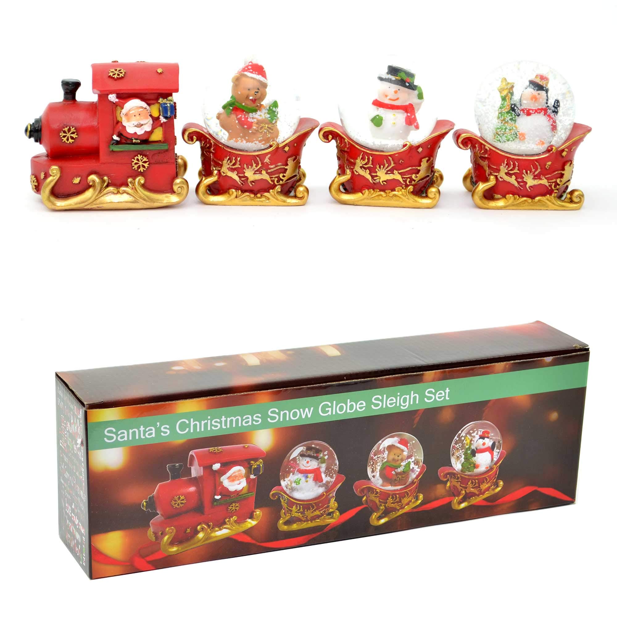 Christmas Snowglobe Set of 3pcs Sleigh Train Carriages & Engine Hand Painted Snowman Santa Teddy Penguine Table Mantel Decoration Xmas Gifts