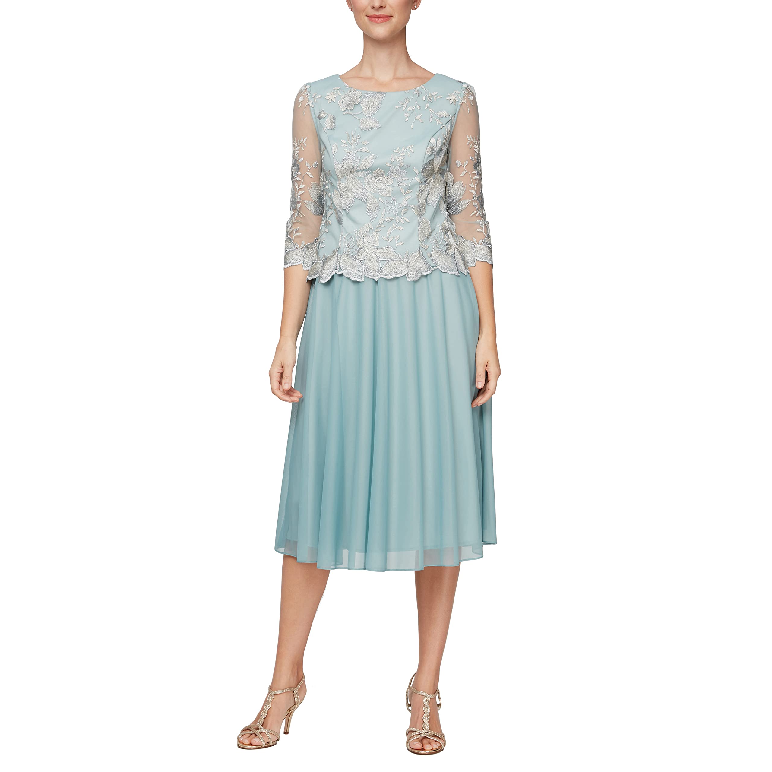 Alex Evenings Women’s Tea Length Embroidered Bodice Mock Dress (Reg and Petite), Ice Sage, 6