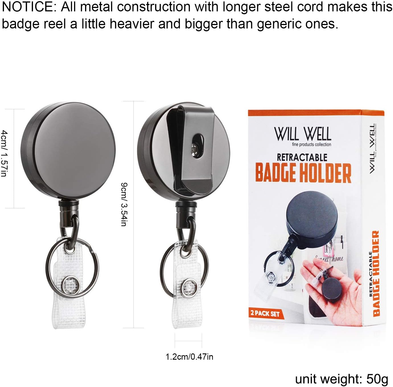 2 Pack Heavy Duty Retractable Badge Holder Reel, Will Well Metal ID Badge Holder with Belt Clip Key Ring for Name Card Keychain [All Metal Casing, 27.5" Steel Wire Cord, Reinforced Id Strap] : Office Products