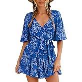 Relipop Women’s Summer Romper Floral V Neck Short Sleeve Waist Tie Ruffle Hem Vacation Outfits 2026 Casual One Piece Jumpsuit