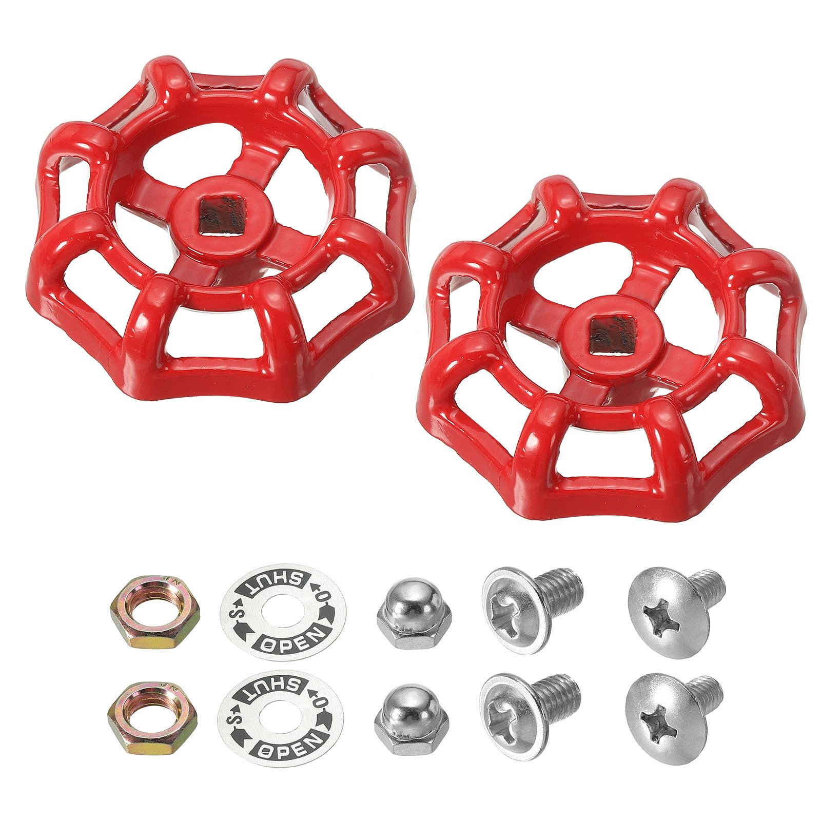 PATIKIL Outside Faucet Handle Square Stem Hole 6x6mm, Cast Steel Faucet Round Wheel Handle Replacement Water Spigot Handle with Screws Spacer, Red,2Pcs