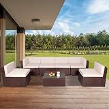 Amazon Com Pamapic 7 Pieces Patio Furniture Outdoor Rattan Sectional Sofa Conversation Set With Tea Table And Washable Cushions Beige Garden Outdoor