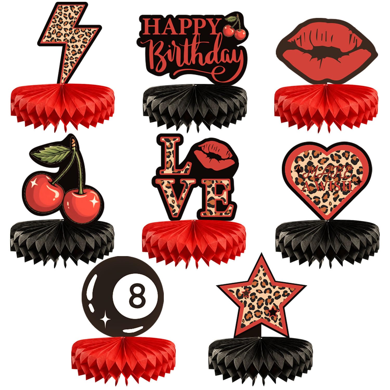 Photo 1 of 8Pcs Red Cheetah Print Birthday Party Decorations Centerpieces, Y2K Cherry Leopard Print Table Decorations Honeycomb Centerpieces for Grils Big Mama Women