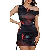 ABMOIU Women's Sexy Off Shoulder Bodycon Mini Dress 2026 Summer Printed Ruched Dresses Party Club Outfits