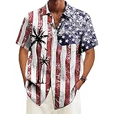 Mens Patriotic 4th of July Shirts Vintage Short Sleeve American Flag Print Hawaiian Bowling Casual Button Down Shirt