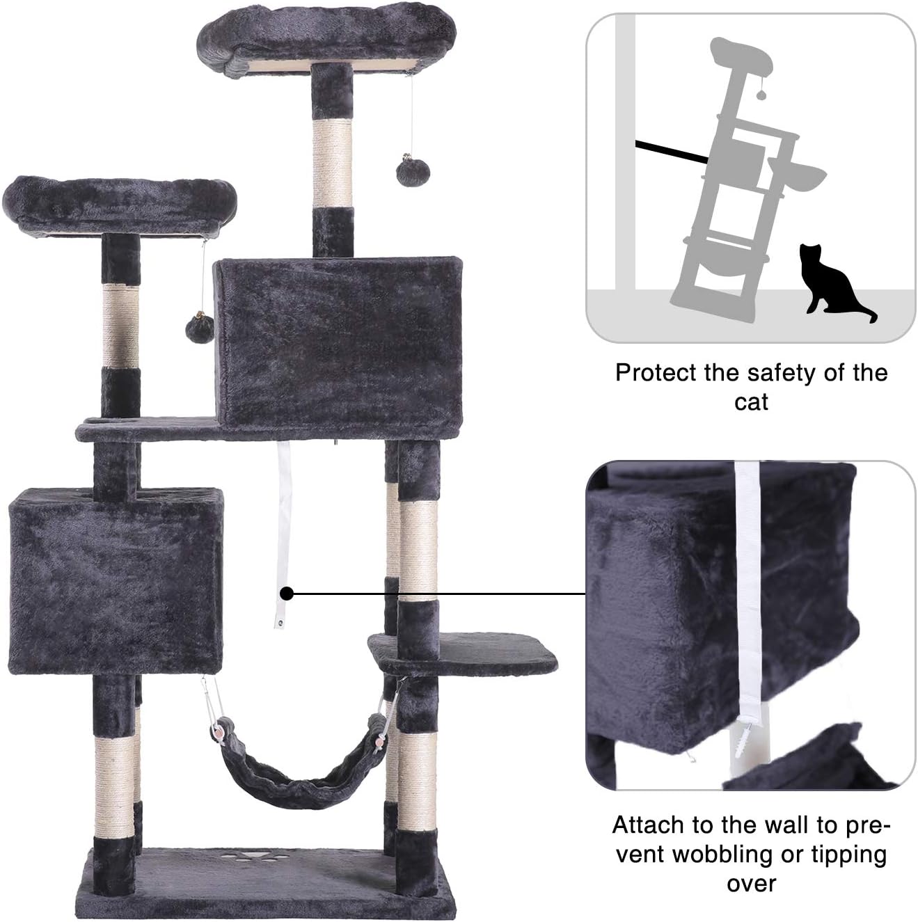 Hey-brother Large Multi-Level Cat Tree Condo Furniture with Sisal-Covered Scratching Posts, 2 Bigger Plush Condos, Perch Hammock for Kittens, Cats and Pets Smoky Gray MPJ020G : Pet Supplies