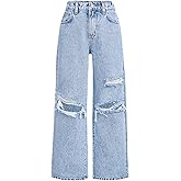 Jeans for Girls Baggy Wide Leg Ripped High Elastic Waisted Denim Pants Y2K Boyfriend Skater Streetwear Cute Trousers 7-14Y