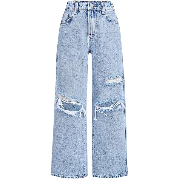 Amazon.com: Girls Trendy Blue Ripped Denim Pants Baggy High Waist