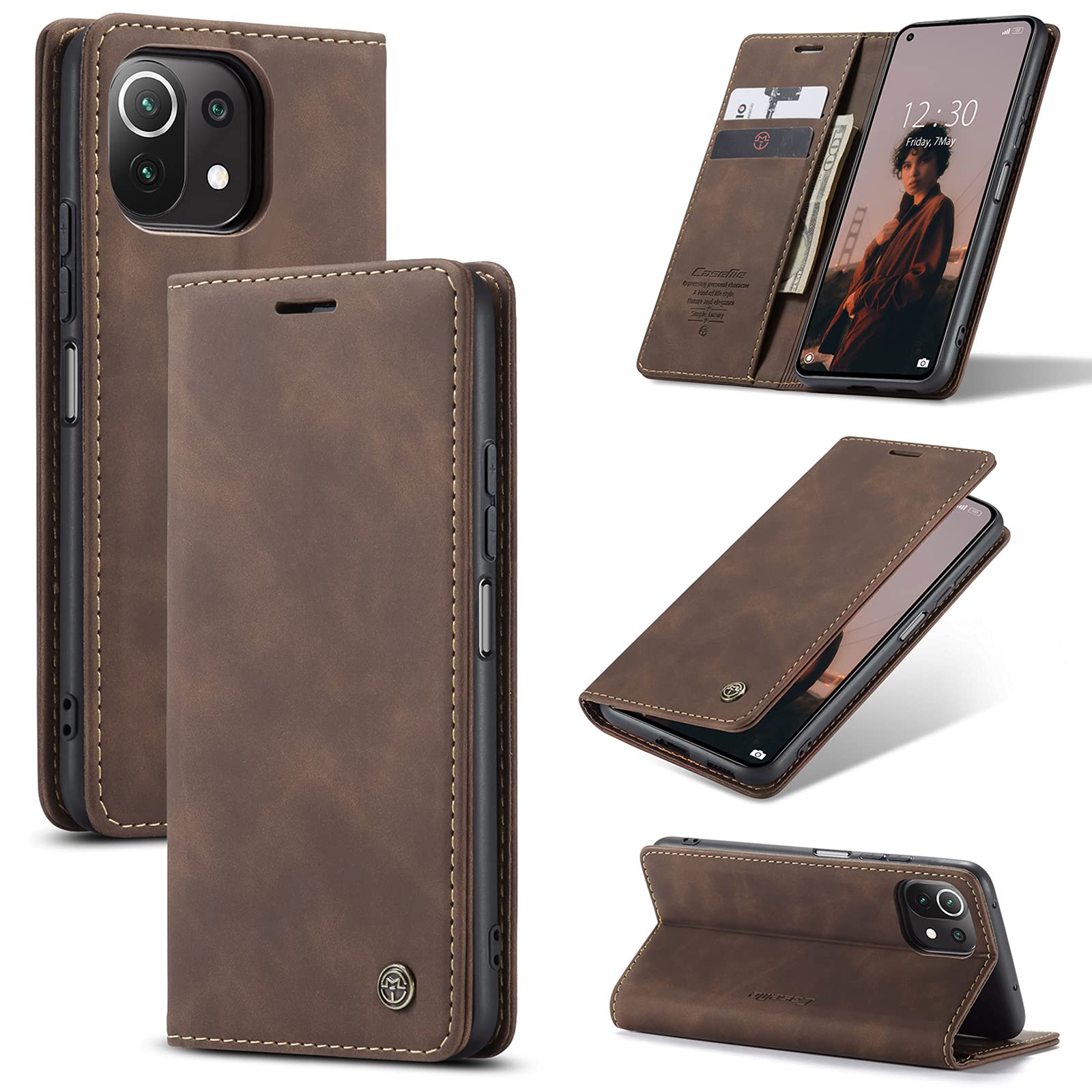 UFinetech Case for Xiaomi Mi 11 Lite, Leather TPU Cover for Xiaomi Mi 11 Lite 5G, Slim Soft Flip Magnetic Closure Kickstand Card Holder Wallet Shockproof Anti-scratch Camera Protector Shell, Coffee โ image 1