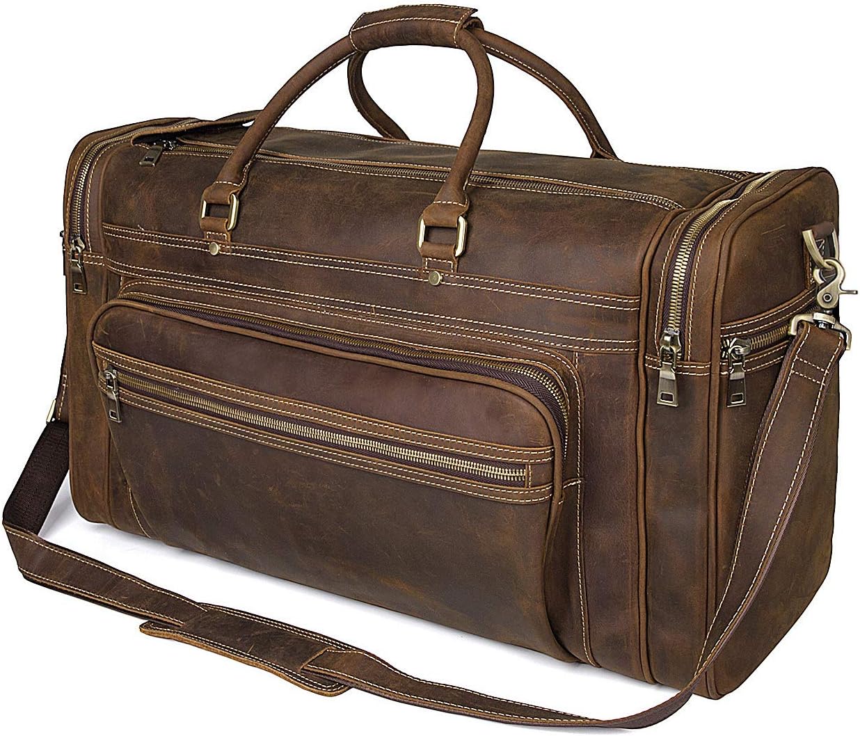 Augus Leather Travel Duffel Bag for Men,Carry on Overnight Large Luggage Weekender 17” Laptop Bag(Brown)