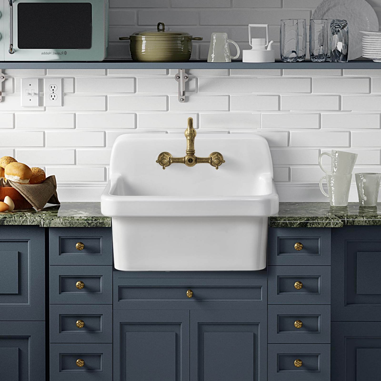 Photo 1 of ELLAI 24 Inch White Ceramic Farm Style Wall Mount Utility Sink High Back Wall Mounted Laundry Tub 10 Gallon Farmhouse Sink Slop for Laundry Room, Garage, Kitchen, Bathroom 24" x 19" x 16.5"