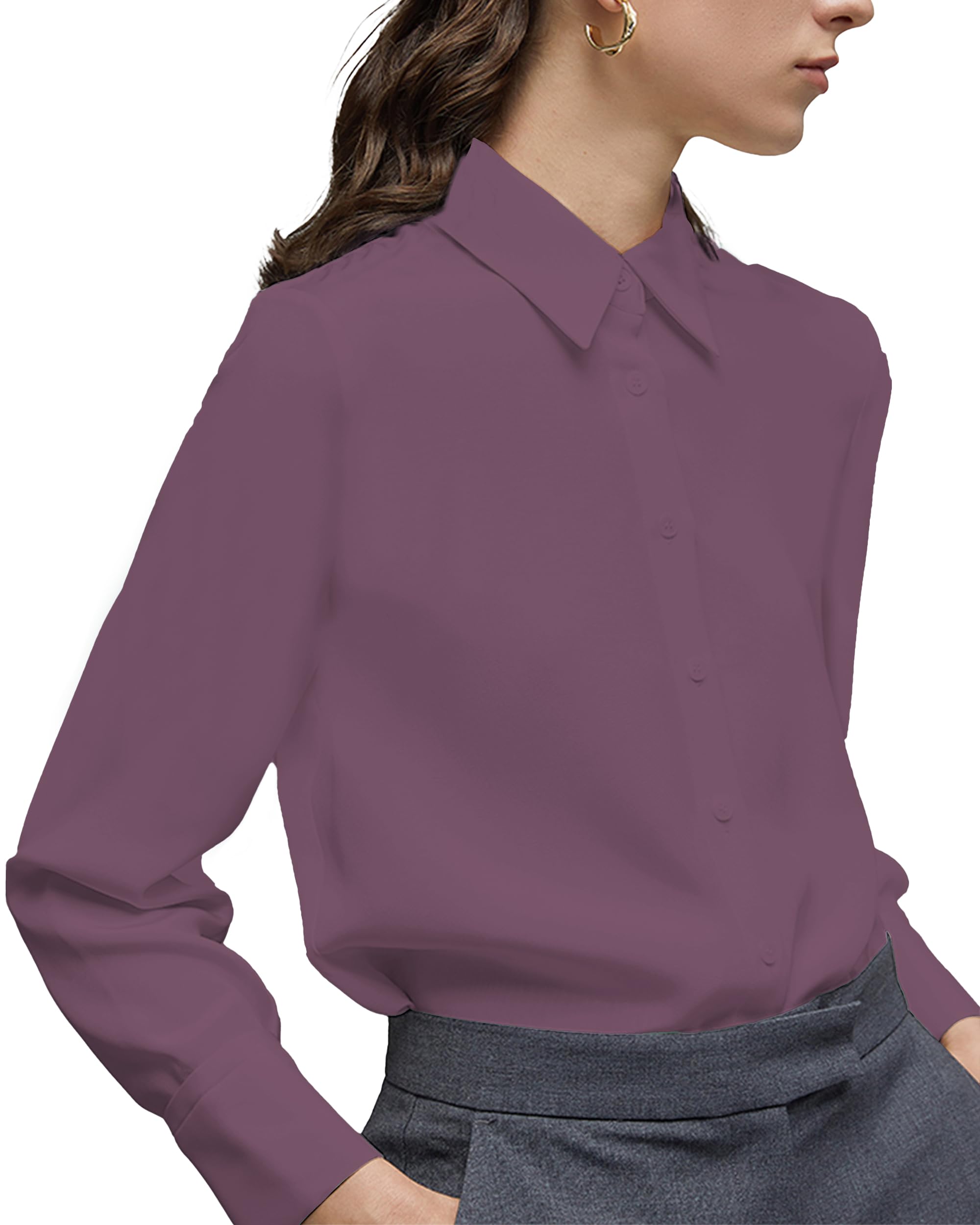 Women's Button Down Shirt Classic Long Sleeve Collared Tops Work Office Chiffon Blouse Image