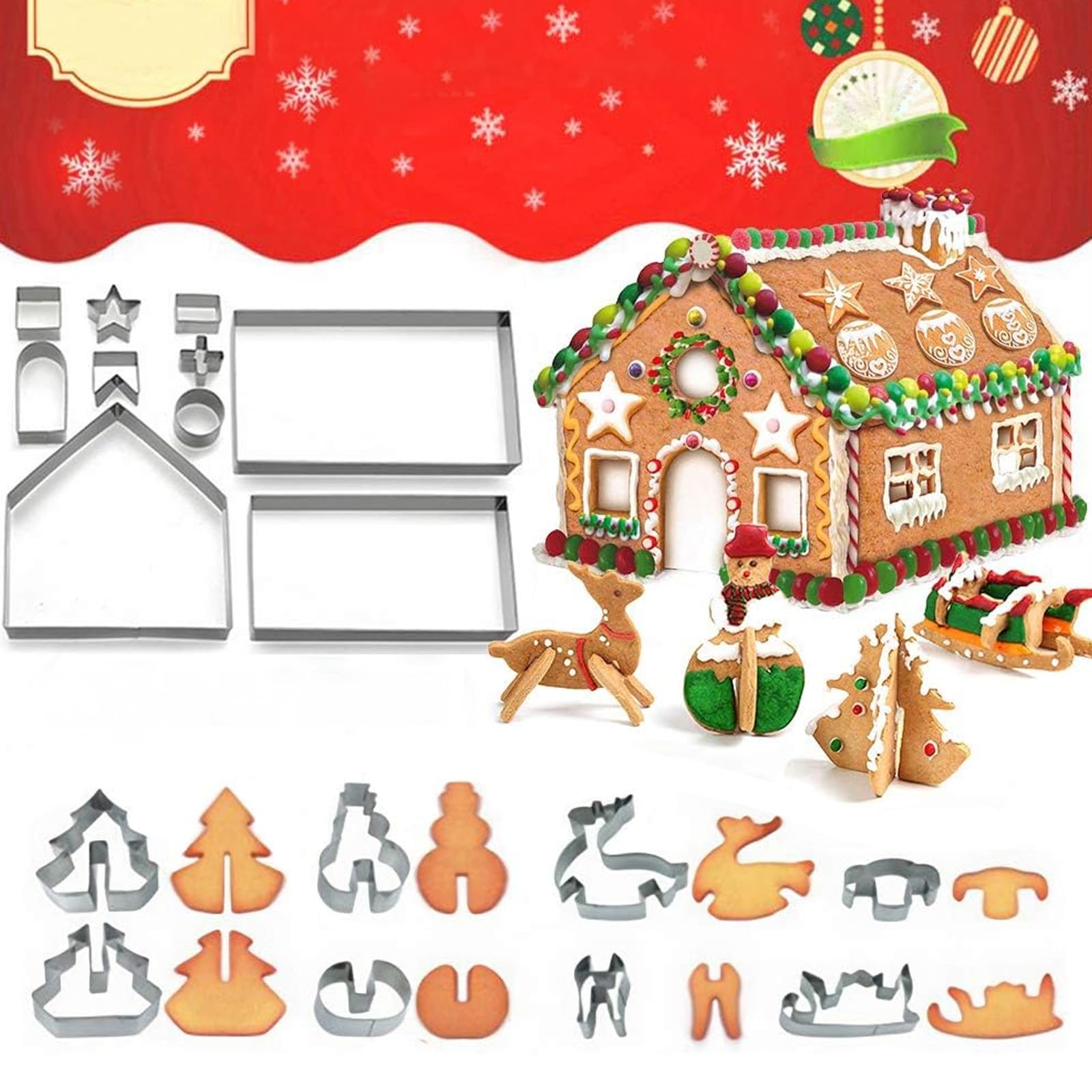 WishesMar Christmas Gingerbread House Cookie Cutters Set 18 Pieces 3D Ginger Bread Kit Mould for Xmas, Winter, Holiday - Stainless Steel Biscuit Molds for Baking DIY Festive Decoration
