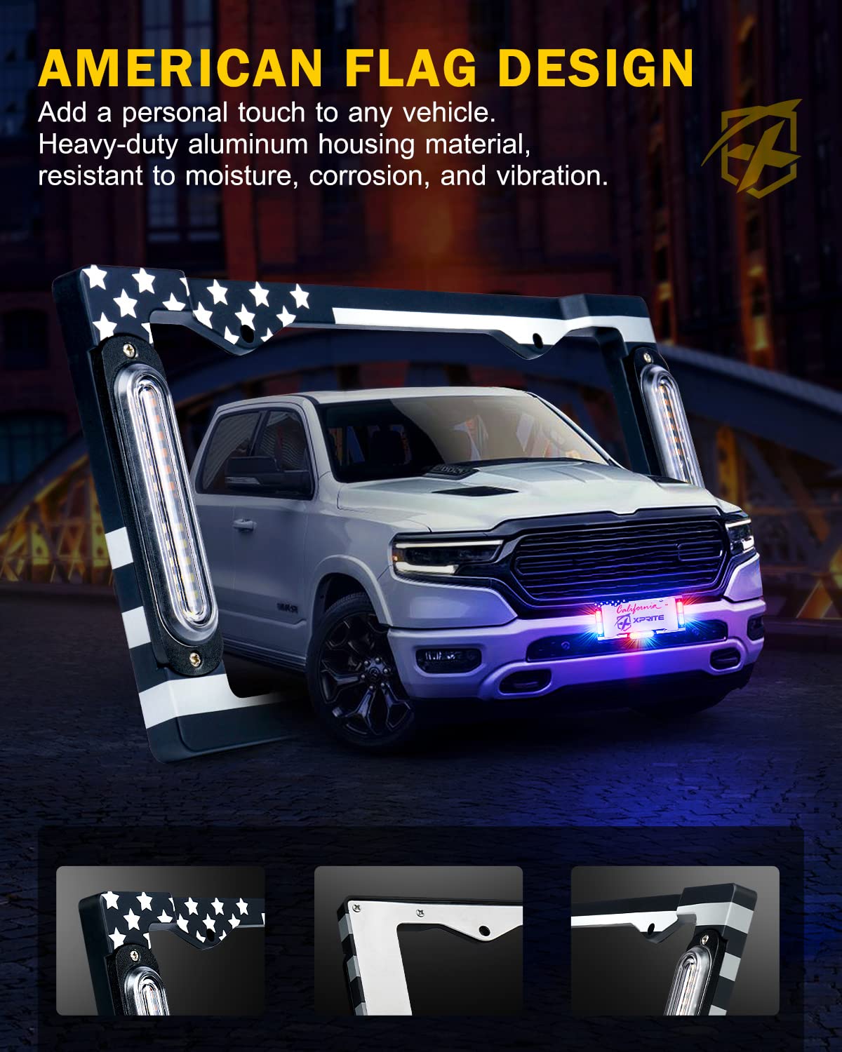 Xprite 36 LED License Plate Strobe Light, US Flag Front/Rear Police Light, 22 Flash Modes Emergency Safety Warning LED License Frame for Police Car Vehicle Truck, Red Blue (w/Pre-Installed 9FT Cable)