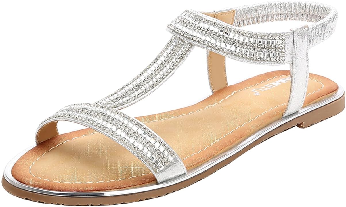 Mashiaoyi Women's Peep-Toe T-Bar Flat Slip-on Diamond Sandals