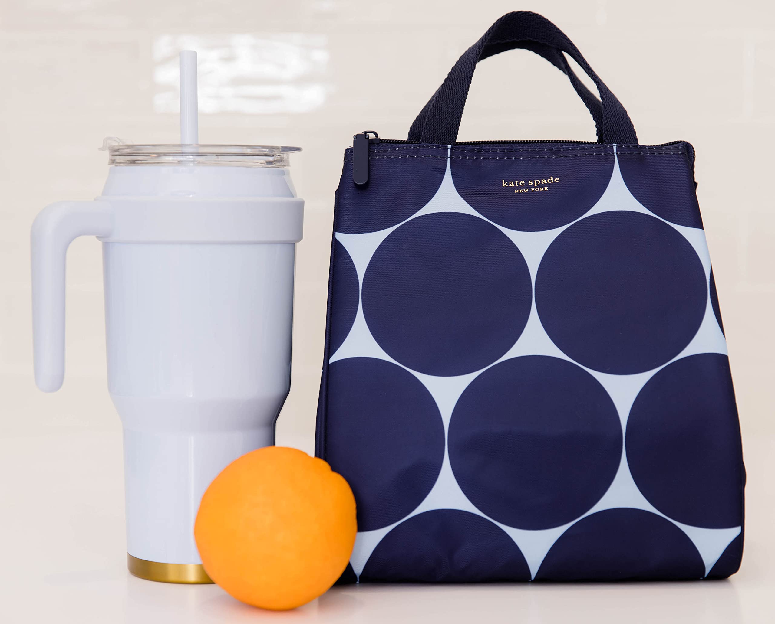 kate spade new york Kate Spade New York, Portable Soft Cooler Lunch Bag with Silver Insulated Interior Lining and Storage Pocket, Joy Dot