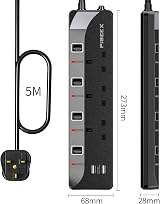 PIBEEX 5M Extension Lead with USB 3 Way Power Strip 13A 3250W Black view 6