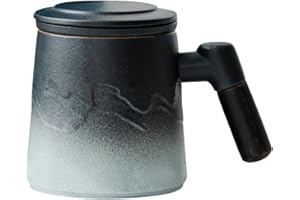 YUMUE Japanese Design Tea Cup with Infuser and Lid, Black & Blue Tea Mug for Loose Leaf Steeper, Wood Handle for Hot Tea Diff