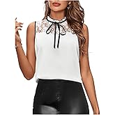 BEAUDRM Women's High Neck Tank Top Sleeveless Lace Patchwork Tie Neck Loose Fit Work Blouse