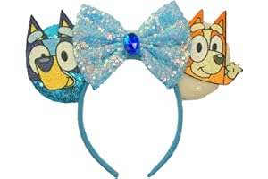 ZHENNAN Mouse Ear Headbands for Women, Glitter Blue Buley and Bingo Bow Ear Hairbands for Girls, Birthday Party Decorations for Adults Anime Bluey Costume Hair Accessories