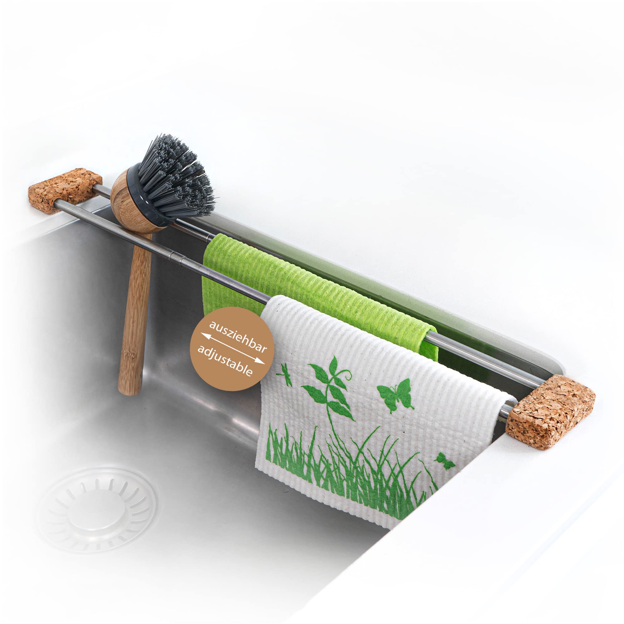 Sanni Shoo drip.line drip tray/rack, practical, multifunctional kitchen rack for storing dishcloths and brushes hygienically, drip drying bottles, extendable, heat-resistant