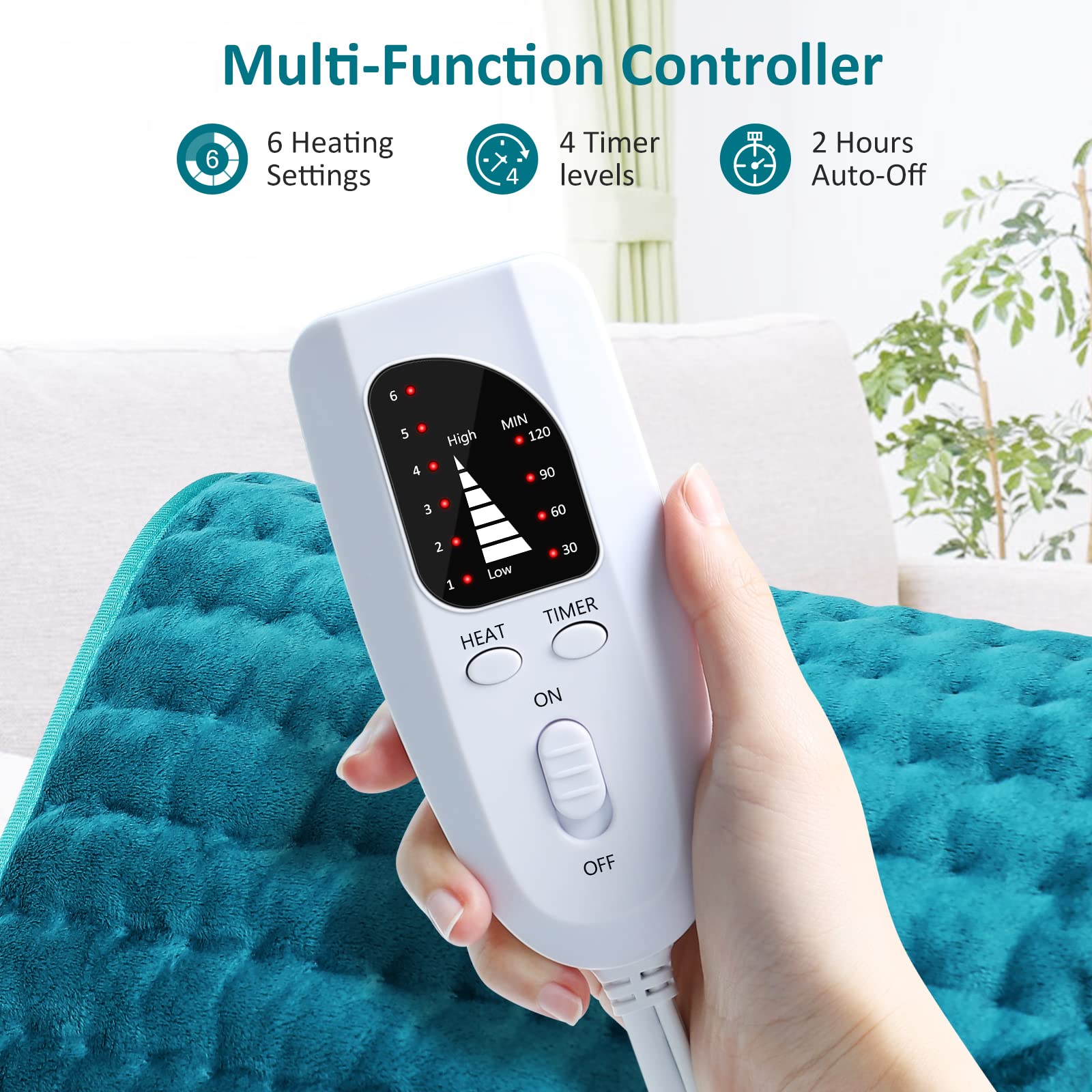 Electric Heating pad for Back/Shoulder/Neck/Knee/Leg Pain Relief, 6 Fast Heating Settings, Auto-Off, Machine Washable, Moist Dry Heat Options, Extra Large 12