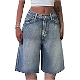GORGLITTER Girl's Jean Shorts Jorts Low Rise Baggy Wide Leg Ripped Hem Bermuda Denim Shorts Y2k Bottoms