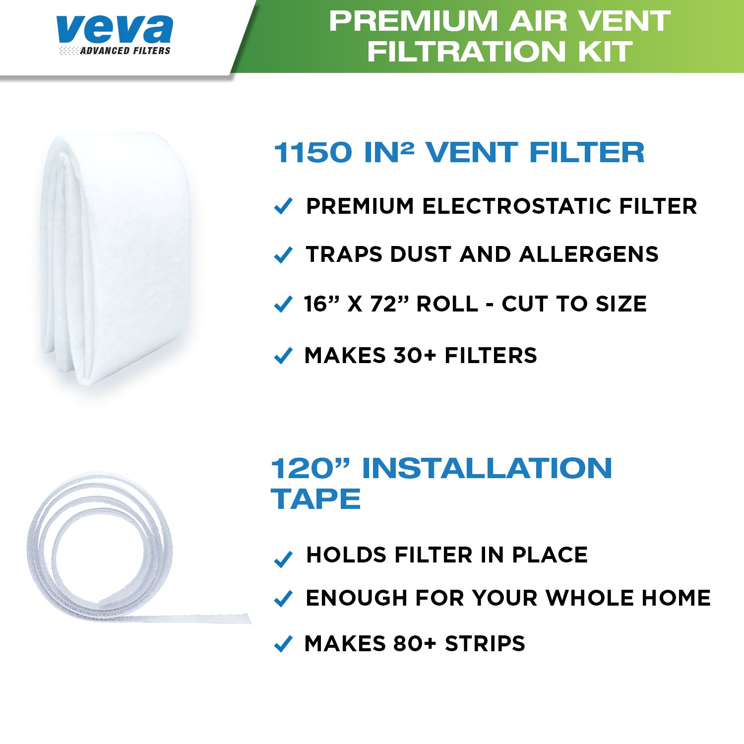 Complete Premium Vent Register Filters Kit 72” x 16” Electrostatic