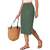 Naggoo Midi Skirts for Women Spring Summer Elastic High Waisted Side Slit Long Sweater Skirt