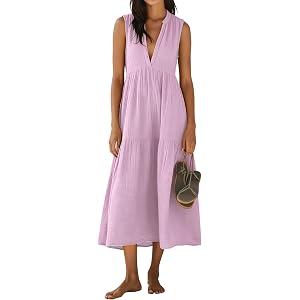 R.Vivimos Womens Summer Cotton Button V Neck Maxi Dress | Sleeveless, Tiered Loose Flowy, 2026 Casual Long Dress, Vacation Be
