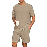 PrinStory Mens Pajamas Set Summer Pjs Sets Lightweight Short Sleeve Pajama Shorts Set Soft Sleepwear Loungewear with Pockets
