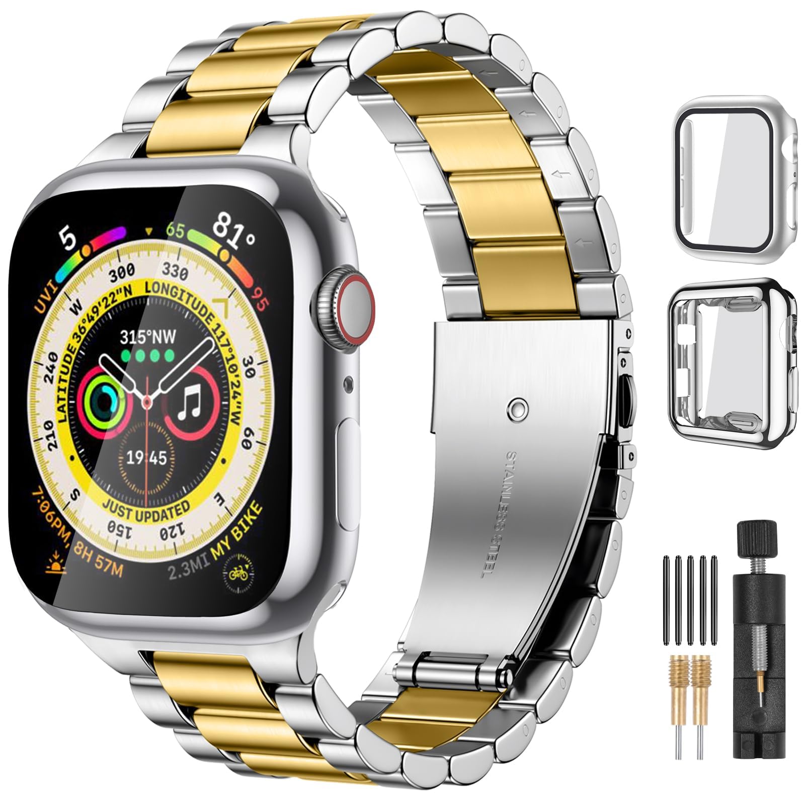 Photo 1 of Lerobo Compatible for Apple Watch Band Ultra 49mm 44mm 45mm 42mm 46mm 40mm 41mm,Solid Stainless Steel Metal Band for iWtach with 2 Pack Protective Cases for Series 10 9 8 7 6 5 4 3-1 SE Men Women