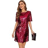 FEMI SEMI Women Puff Short Sleeve Sparkle Shift Dress Crewneck Sequin Shimmer Cocktail Party Dress
