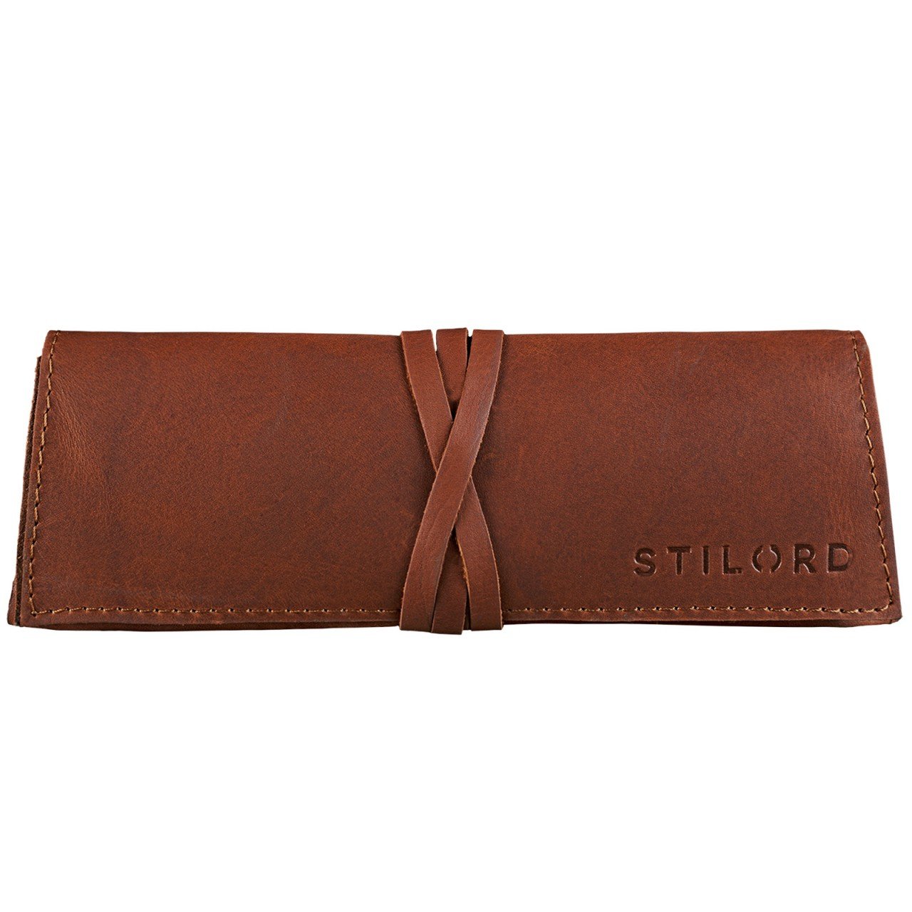 STILORD 'David' Leather Pencil case/Pouch/Pen Case/for School, University and Office, with Leather Strip Genuine Buffalo Vintage Leather, Colour:Cognac-Brown
