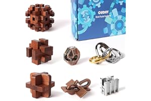 CUDNY 7 Pieces Cool Unlock Interlock Brain Teaser Puzzles Retro Wooden and Metal Puzzles IQ Logic Fun Puzzle Box Challenge Game