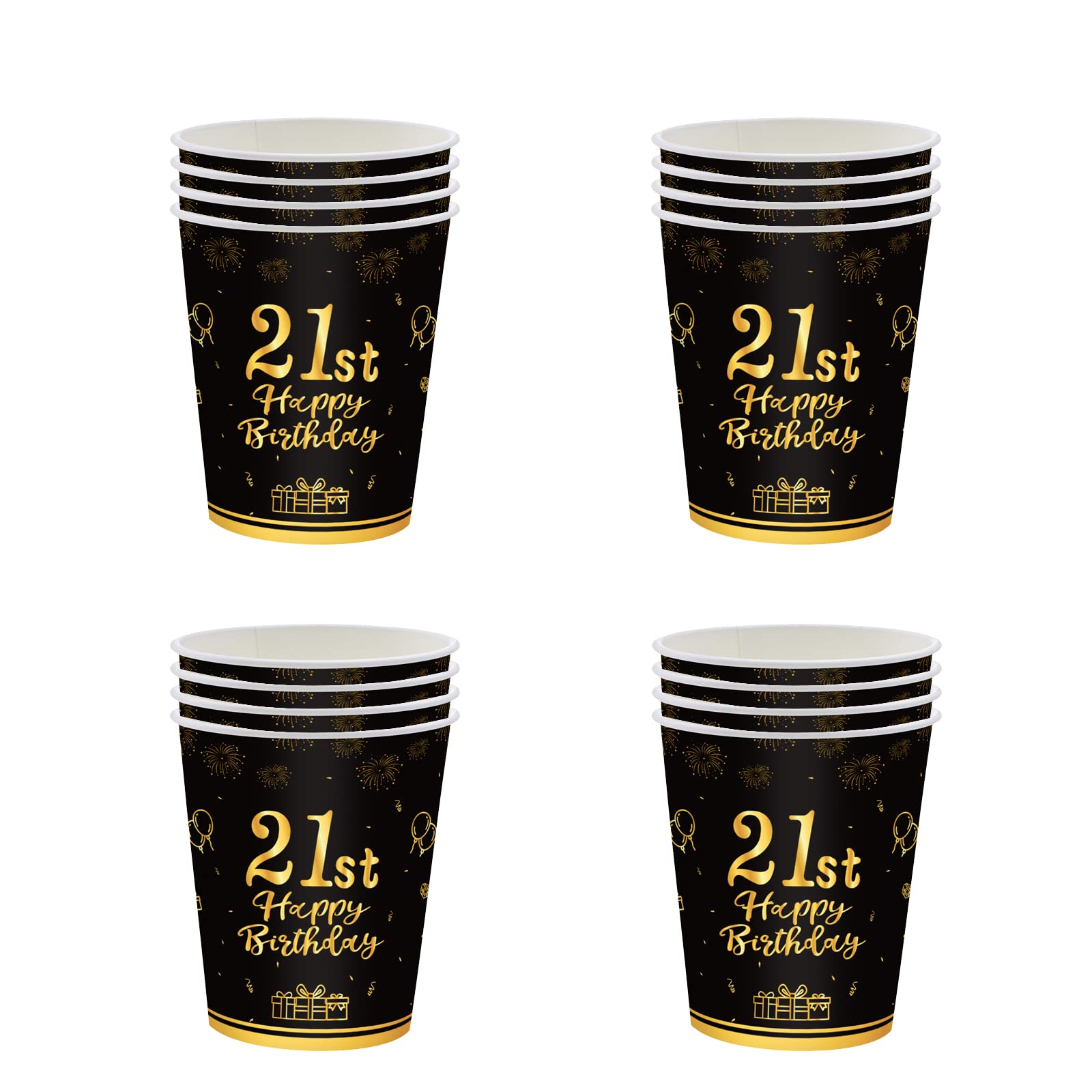 Happy 21st Birthday Paper Cups - Black and Gold 16Pc Disposable Tableware for Girls, Boys, Kids, Him, Her - Party Decorations and Supplies Table Decor