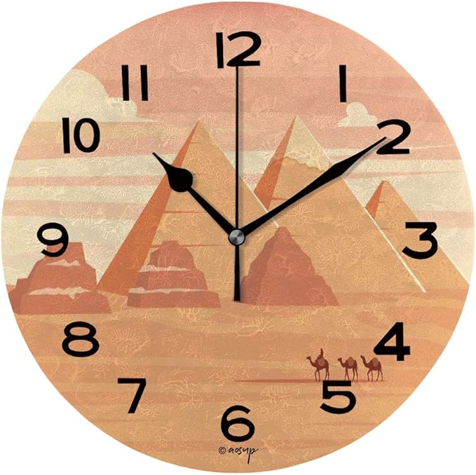 ALUONI 10 inch Round Clock Egyptian Pyramids Illustration Unique Wall Clockfor