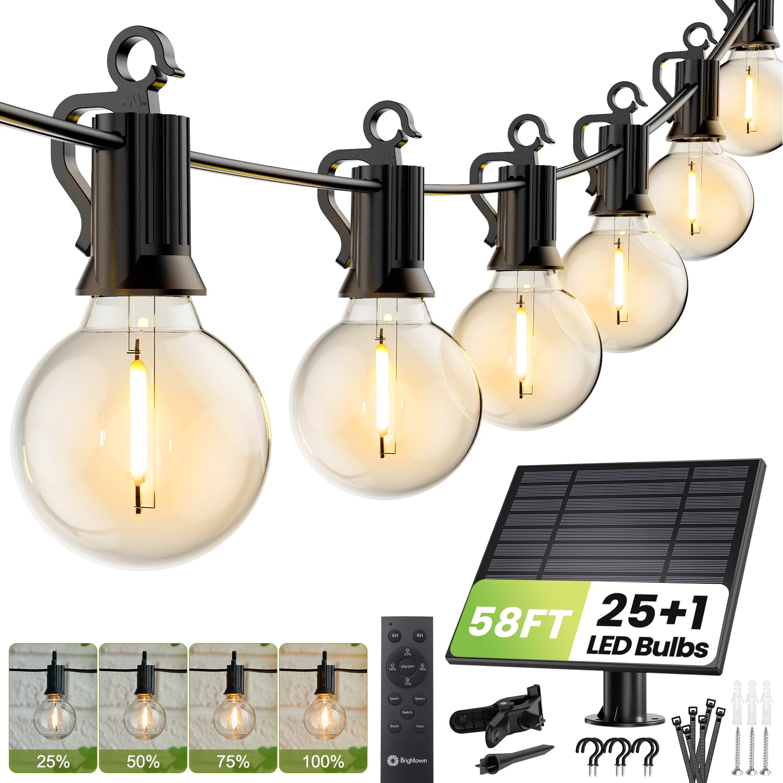 Solar String Lights Outdoor 8.8M/29Feet G40 Patio Lights with 25 LED Shatterproof Bulbs, 4 Light Modes, Weatherproof Hanging Lights for Backyard Bistro Pergola Party Decor, E12 Base, 2700K, Black